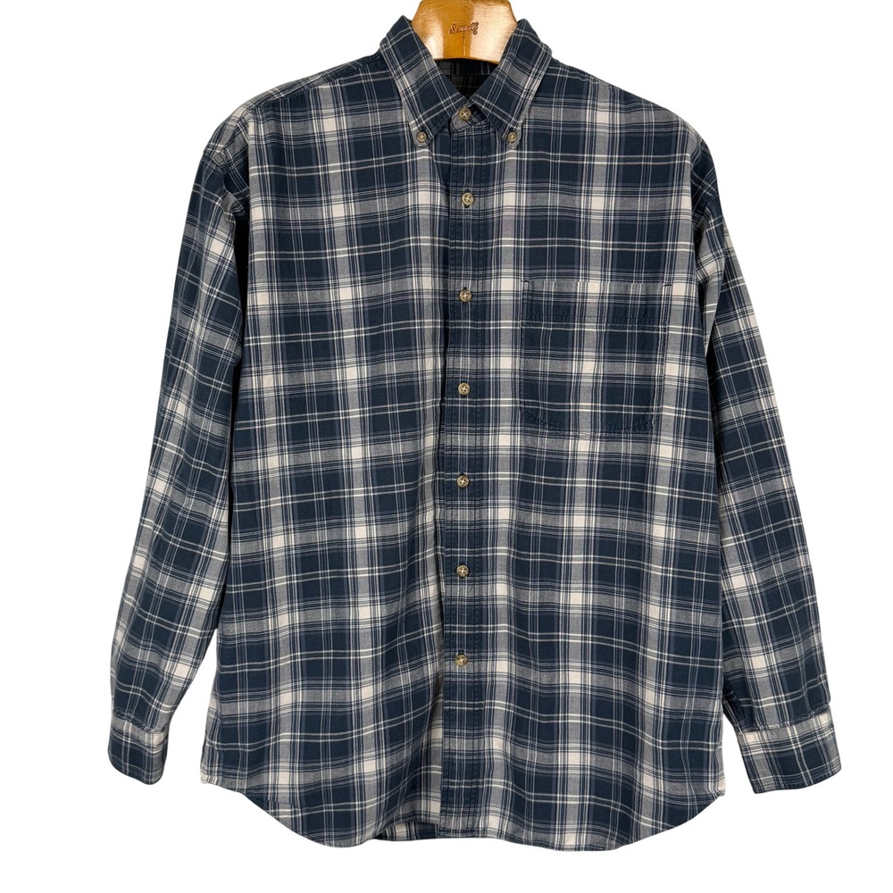 Eddie Bauer Button Down Plaid Shirt Size M Blue White Cotton Long Sleeve